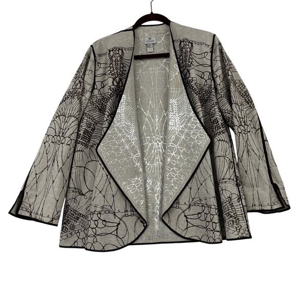 Chico's Reversible Jacket Blazer Size M Beige Brown Embroiderd Wool Blend Open - Picture 1 of 14